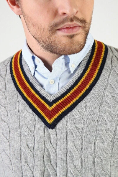 Gri Örgü Desenli V Yaka Erkek Süveter-Gri - 2