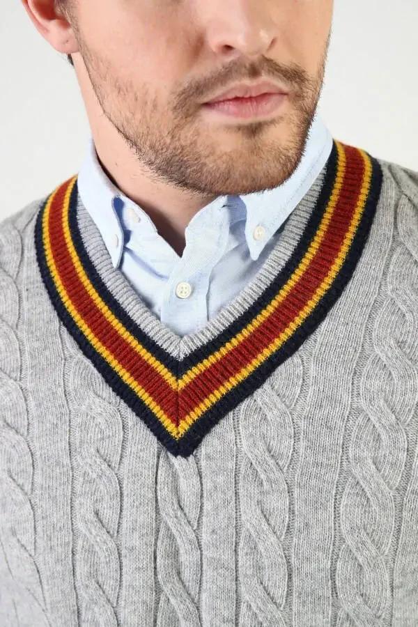 Gri Örgü Desenli V Yaka Erkek Süveter-Gri - 2