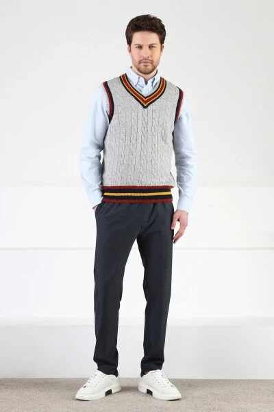 Gri Örgü Desenli V Yaka Erkek Süveter-Gri - 4