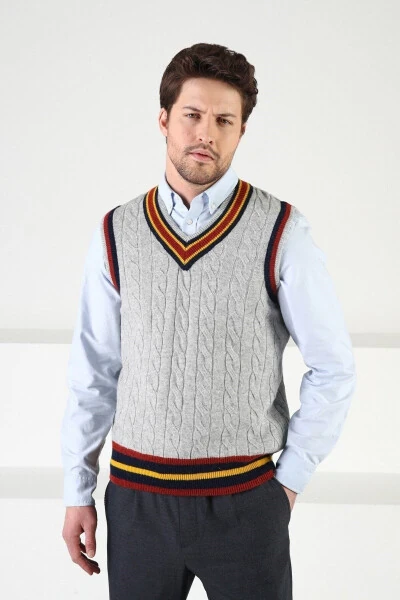 Gri Örgü Desenli V Yaka Erkek Süveter-Gri - 5