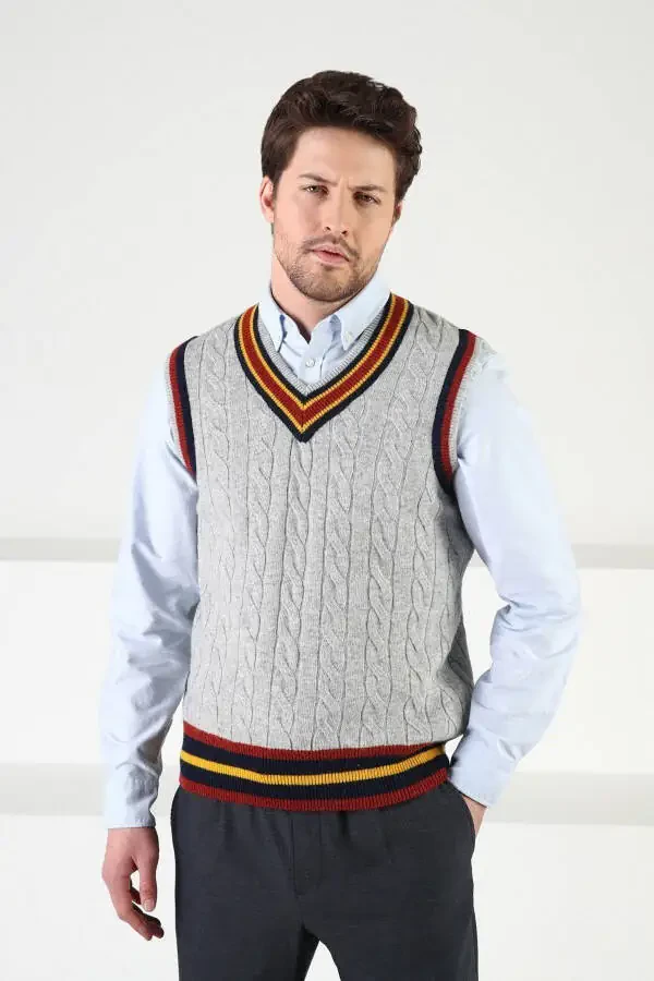 Gri Örgü Desenli V Yaka Erkek Süveter-Gri - 5