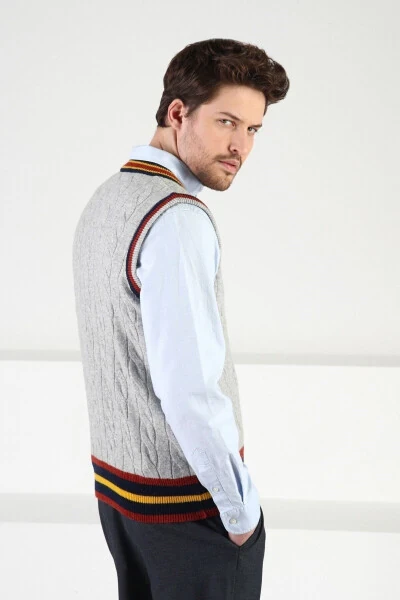 Gri Örgü Desenli V Yaka Erkek Süveter-Gri - 6
