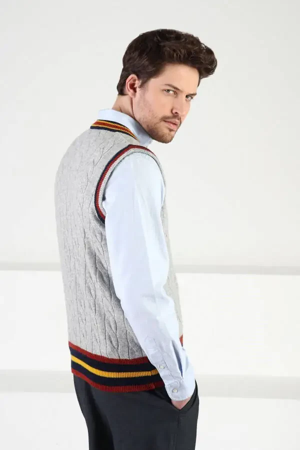 Gri Örgü Desenli V Yaka Erkek Süveter-Gri - 6
