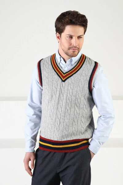 Gri Örgü Desenli V Yaka Erkek Süveter-Gri - Modazone