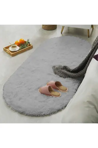 Gri Oval Post Halı Peluş Yumuşak Kaymaz Dot Taban Antibakteriyel - Gri 