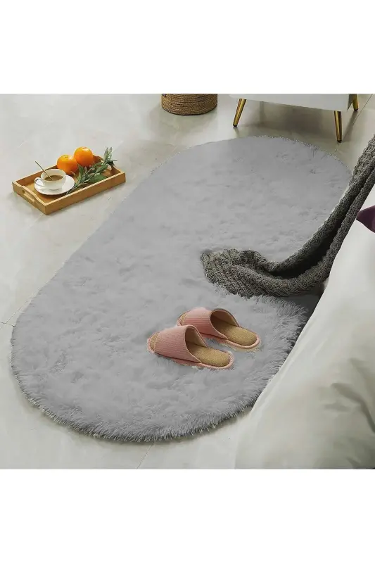 Gri Oval Post Halı Peluş Yumuşak Kaymaz Dot Taban Antibakteriyel - Gri - 1
