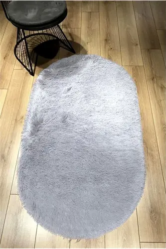 Gri Oval Post Halı Peluş Yumuşak Kaymaz Dot Taban Antibakteriyel - Gri - 3