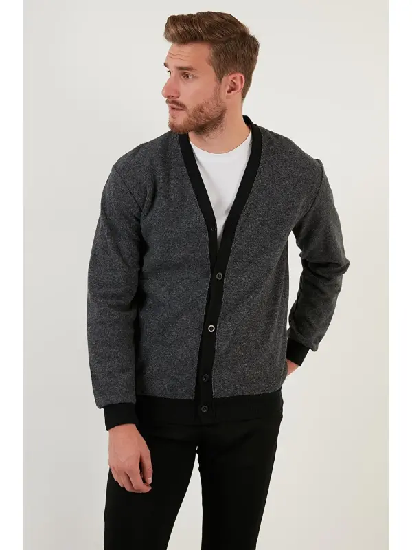 Gri Pamuklu Regular Fit Düğmeli V Yaka Hırka 456205-Gri - 5
