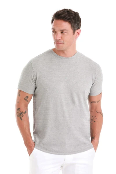 Gri Regular Fit Düz Bisiklet Yaka Tişört-Gri - 3