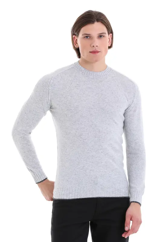 Gri Regular Fit Düz Bisiklet Yaka Yünlü Triko Kazak-Gri - HATEMOĞLU