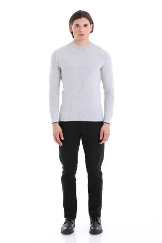 Gri Regular Fit Düz Bisiklet Yaka Yünlü Triko Kazak-Gri - 2