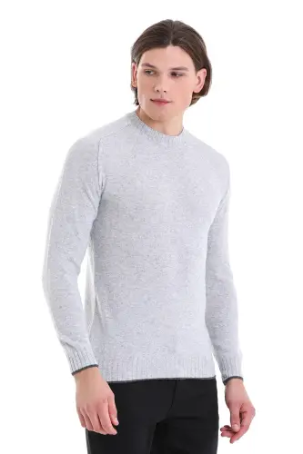 Gri Regular Fit Düz Bisiklet Yaka Yünlü Triko Kazak-Gri - 3