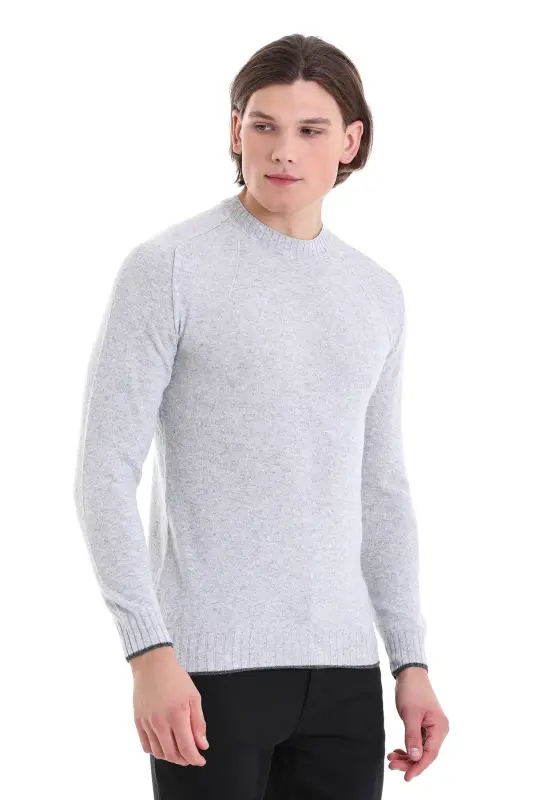 Gri Regular Fit Düz Bisiklet Yaka Yünlü Triko Kazak-Gri - 3