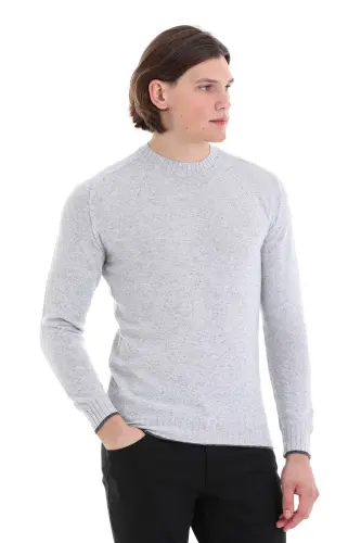 Gri Regular Fit Düz Bisiklet Yaka Yünlü Triko Kazak-Gri - 4