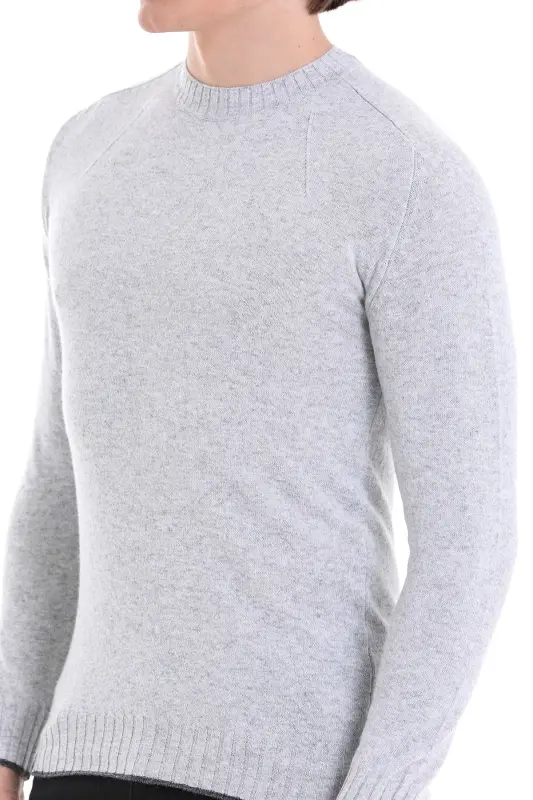 Gri Regular Fit Düz Bisiklet Yaka Yünlü Triko Kazak-Gri - 5