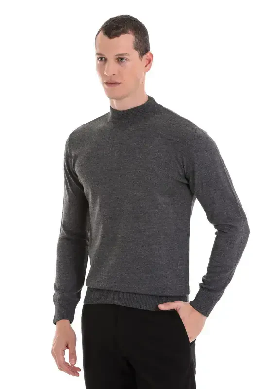 Gri Regular Fit Düz Yarım Balıkçı Yaka Yünlü Triko Kazak-Gri - 3