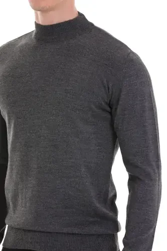 Gri Regular Fit Düz Yarım Balıkçı Yaka Yünlü Triko Kazak-Gri - 5