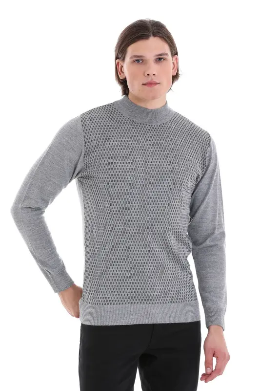 Gri Regular Fit Jakarlı Yarım Balıkçı Yaka Yünlü Triko Kazak-Gri - HATEMOĞLU