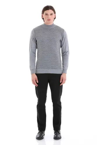 Gri Regular Fit Jakarlı Yarım Balıkçı Yaka Yünlü Triko Kazak-Gri - 2