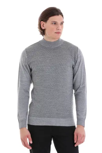 Gri Regular Fit Jakarlı Yarım Balıkçı Yaka Yünlü Triko Kazak-Gri - 3