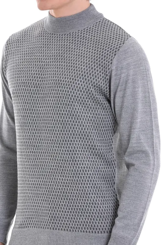 Gri Regular Fit Jakarlı Yarım Balıkçı Yaka Yünlü Triko Kazak-Gri - 5
