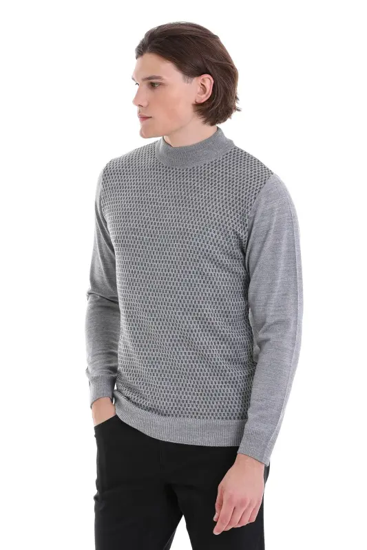 Gri Regular Fit Jakarlı Yarım Balıkçı Yaka Yünlü Triko Kazak-Gri - 4