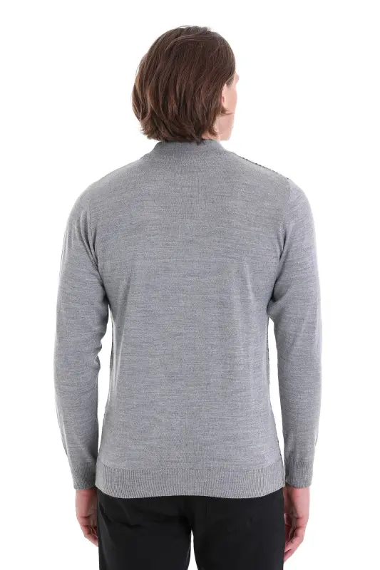 Gri Regular Fit Jakarlı Yarım Balıkçı Yaka Yünlü Triko Kazak-Gri - 6