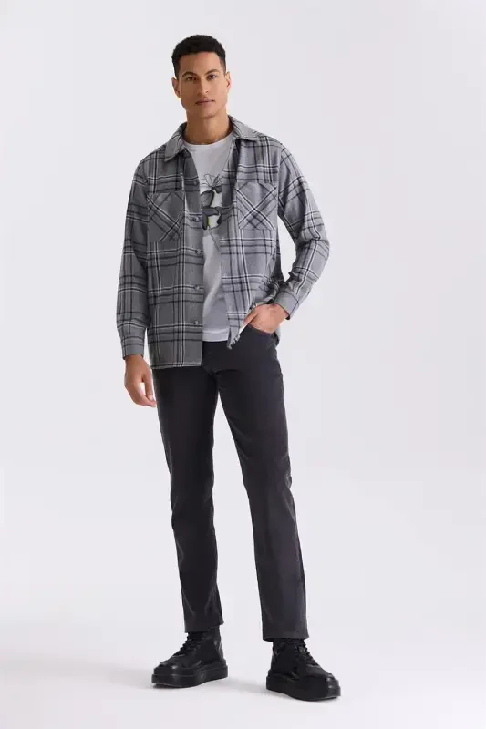 Gri Regular Fit Likralı Pamuklu Kadife Pantolon - 2