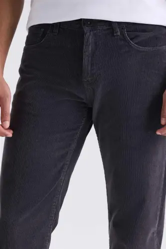 Gri Regular Fit Likralı Pamuklu Kadife Pantolon - 3