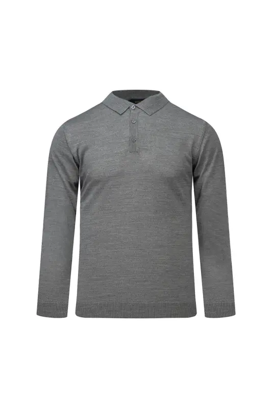 Gri Regular Fit Polo Yaka Yünlü Kazak-Gri00 - HATEMOĞLU