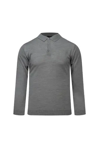 Gri Regular Fit Polo Yaka Yünlü Kazak-Gri00 - 1