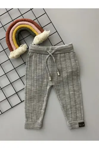 Gri Renk Bağcıklı Unisex Bebek Triko Tayt Pantolon - Gri - SPARROW LAUREL (1)
