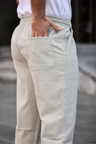 Gri Renk Erkek Yazlık Keten Karışımı Relaxed Pantolon - GRİ - GRİ - 3