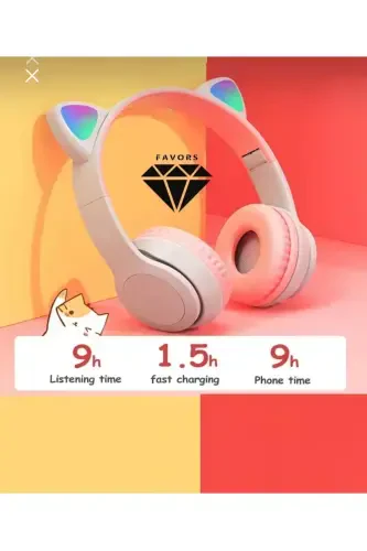 Gri Renk Kedi Kulağı Kablosuz Rengarenk Işıklı Buetooth Rgb Çocuk Oyuncu Kulaklık Üstün Performans-pembe koyu - ELROND (1)