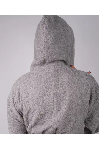Gri Renkli %100 Pamuk Bukle Kapüşonlu Model Bornoz (S-M-L-XL-2XL-3XL-4XL) Büyük ve Battal Beden - Gri - 3