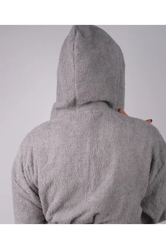 Gri Renkli %100 Pamuk Bukle Kapüşonlu Model Bornoz (S-M-L-XL-2XL-3XL-4XL) Büyük ve Battal Beden - Gri - 3