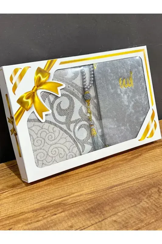 Hediyelik Bohçalık Tafta Saçaklı Gri Seccade Yasin Tesbih Seti-Gri - AYHANHOME