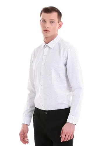 Gri Slim Fit Baskılı Pamuklu Slim Yaka Uzun Kollu Klasik Gömlek - Gri - 1