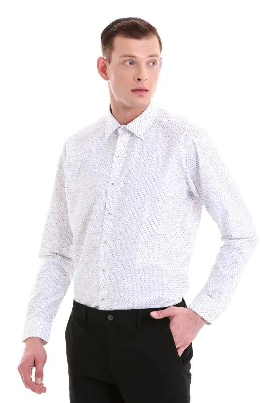 Gri Slim Fit Baskılı Pamuklu Slim Yaka Uzun Kollu Klasik Gömlek - Gri - 3