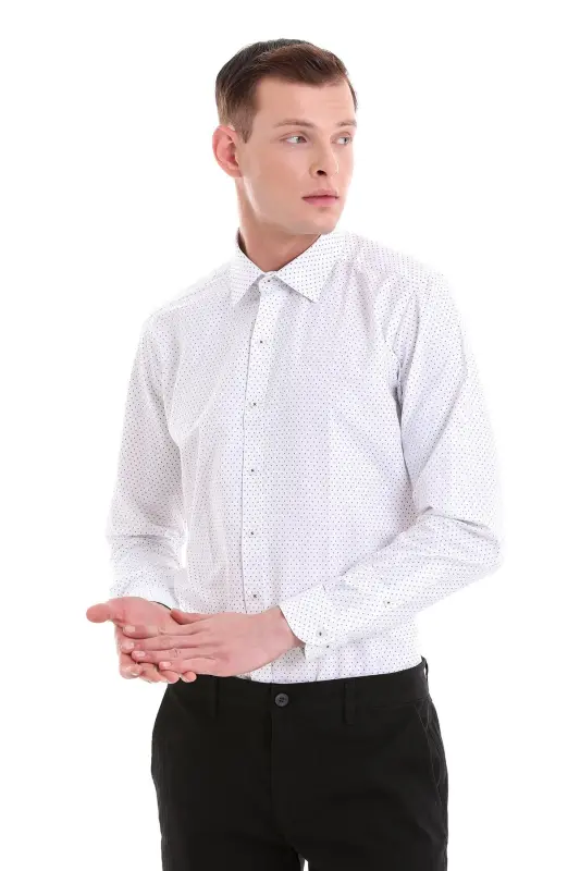 Gri Slim Fit Baskılı Pamuklu Slim Yaka Uzun Kollu Klasik Gömlek - Gri - 5