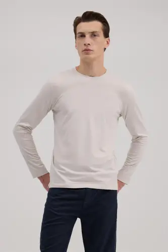 Gri Slim Fit Bisiklet Yaka Rayon Uzun Kollu Basic T-Shirt - JAKAMEN (1)