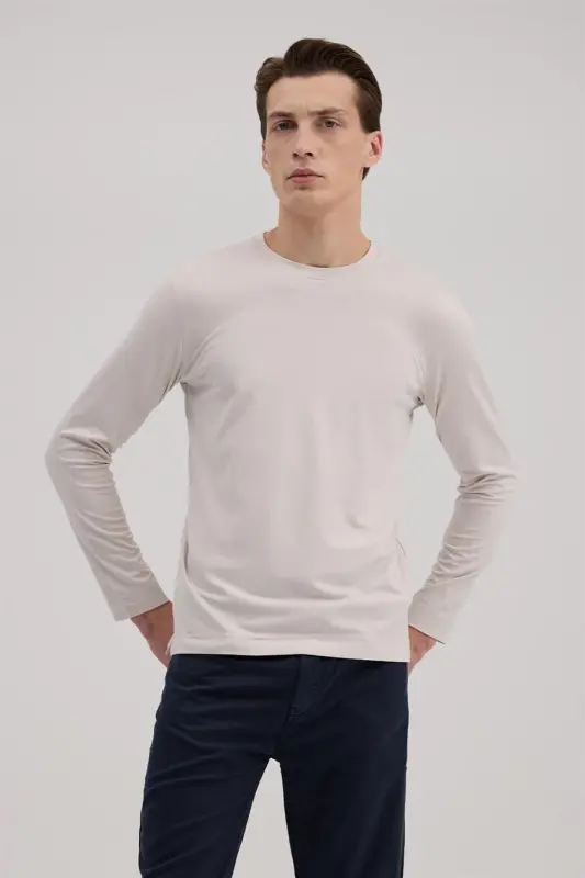 Gri Slim Fit Bisiklet Yaka Rayon Uzun Kollu Basic T-Shirt - 2