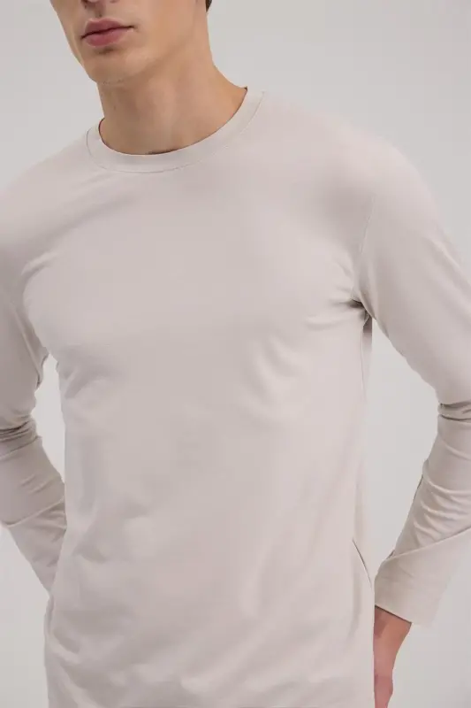 Gri Slim Fit Bisiklet Yaka Rayon Uzun Kollu Basic T-Shirt - 3