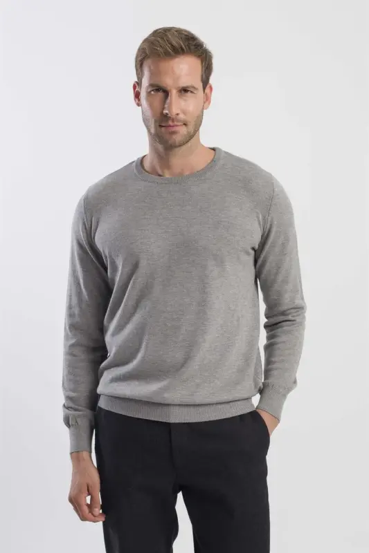 Gri Slim Fit Bisiklet Yaka Triko Kazak - 1