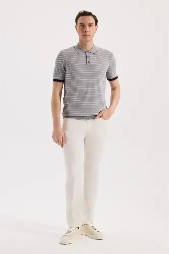 Gri Slim Fit Çizgili Rayon Polo Yaka T-Shirt - JAKAMEN (1)