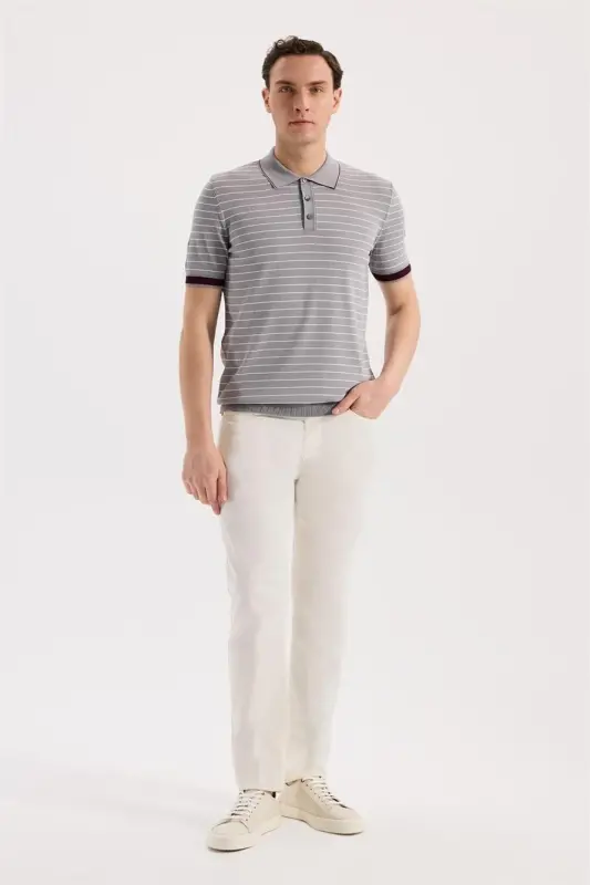 Gri Slim Fit Çizgili Rayon Polo Yaka T-Shirt - 2