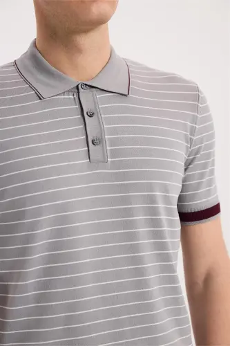 Gri Slim Fit Çizgili Rayon Polo Yaka T-Shirt - 3
