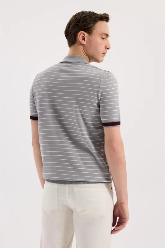 Gri Slim Fit Çizgili Rayon Polo Yaka T-Shirt - 4