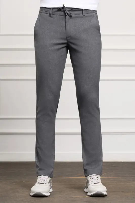 Gri Slim Fit Dar Kesim Yan Cep Bağcıklı Jogger Erkek Pantolon - Gri - 1