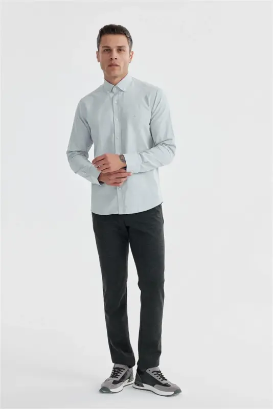 Gri Slim Fit Desenli Pamuklu Düğmeli Yaka Gömlek - 1